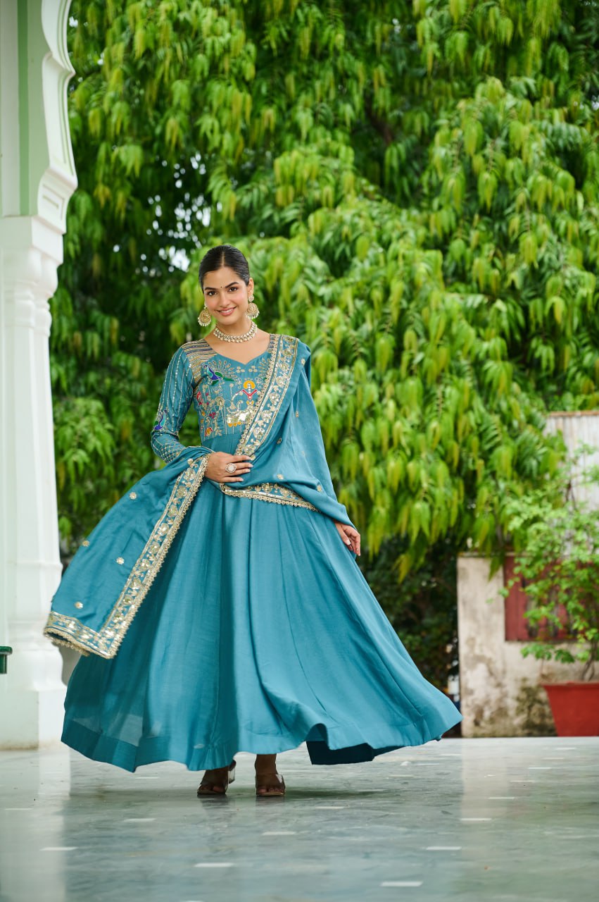 Graceful Sequins & Zari Embroidered Vichitra Silk Gown