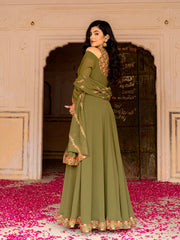 Olive Green Georgette Embroidered Anarkali with Dupatta