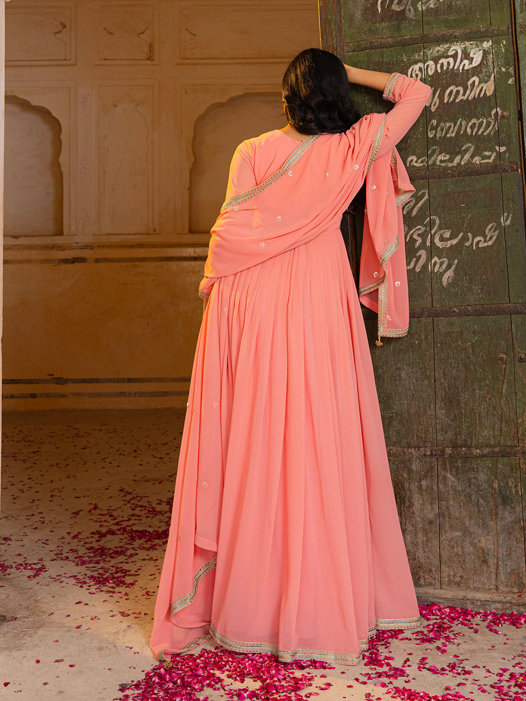Peach Georgette Embroidered Anarkali Gown with Dupatta