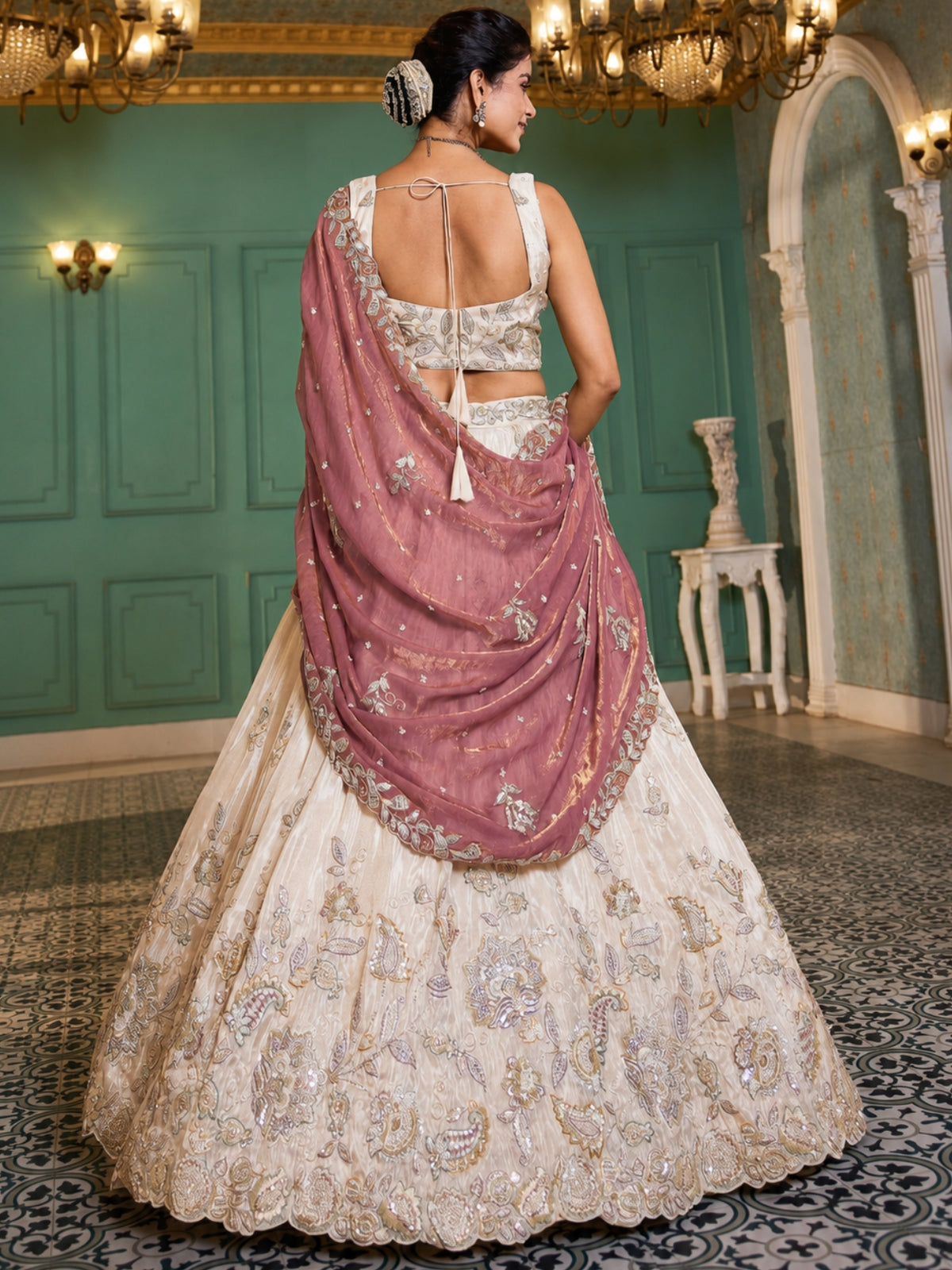 Ivory Gold Embroidered Bridal Lehenga Choli with Dusty Rose Dupatta