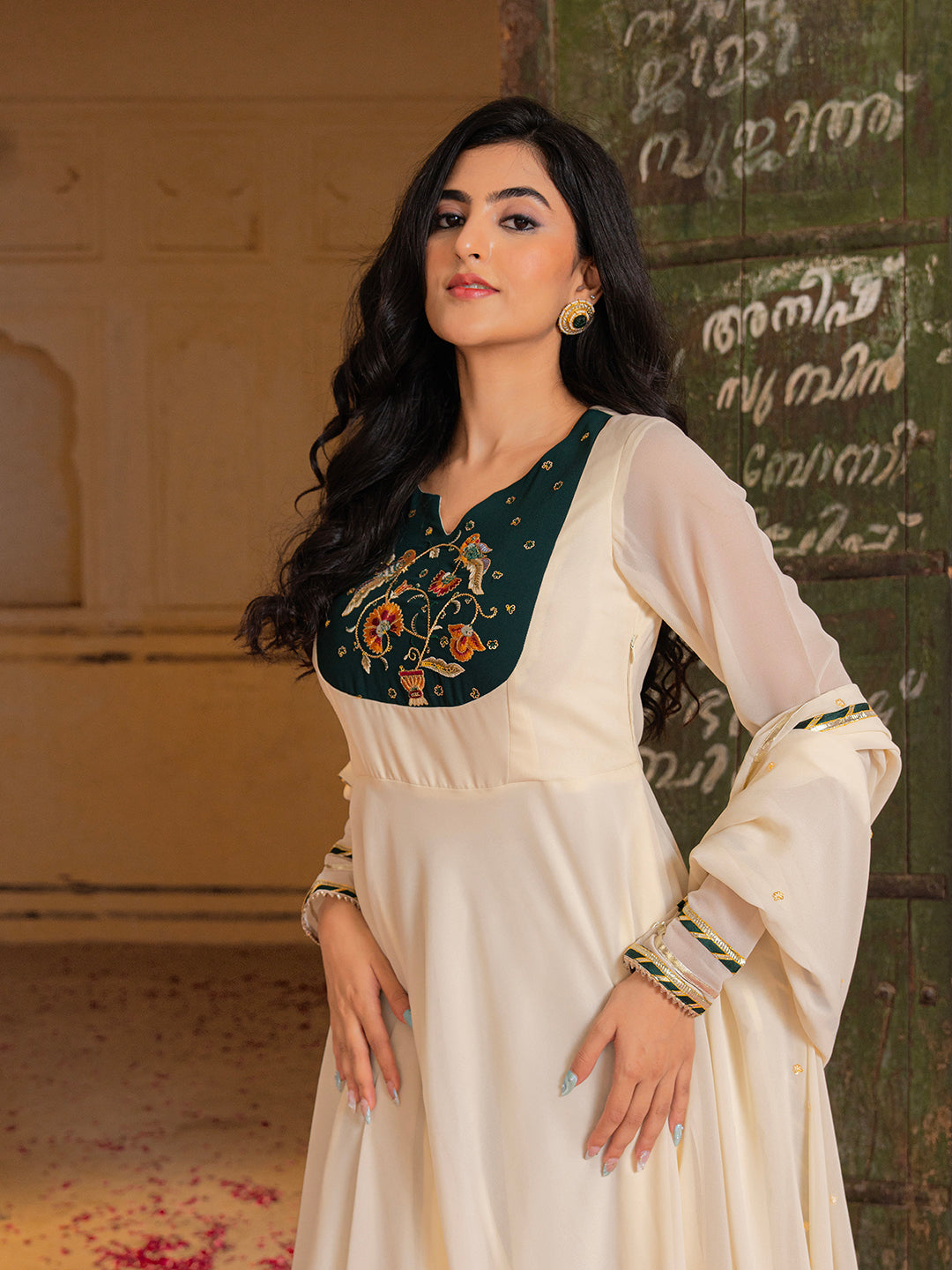 Ivory Georgette Embroidered Anarkali with Dupatta