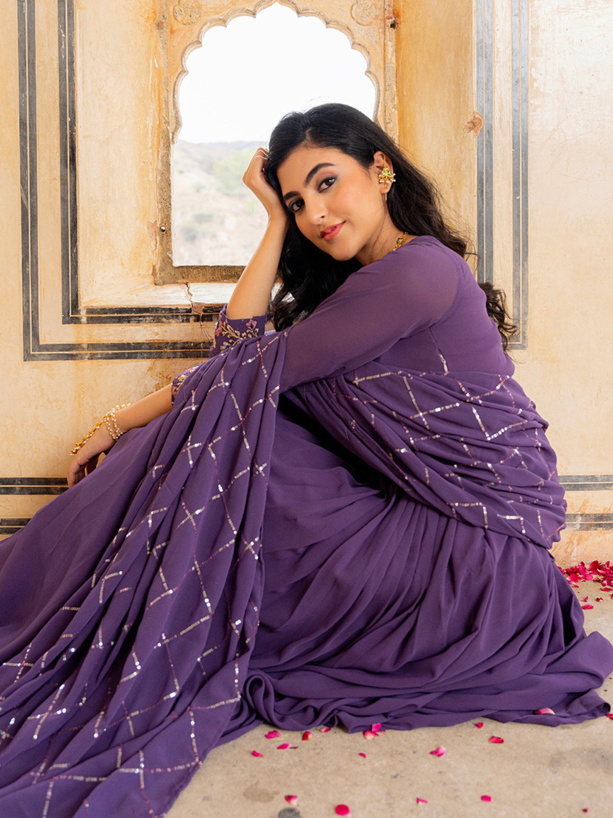Royal Purple Anarkali Gown with Floral Embroidery and Matching Dupatta