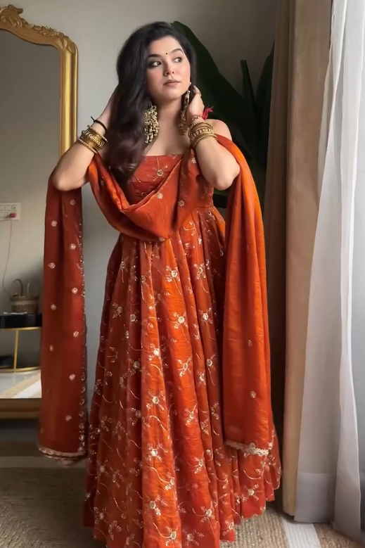 Classy Orange Pure Tissue Silk Anarkali Set with Hand Embroidery
