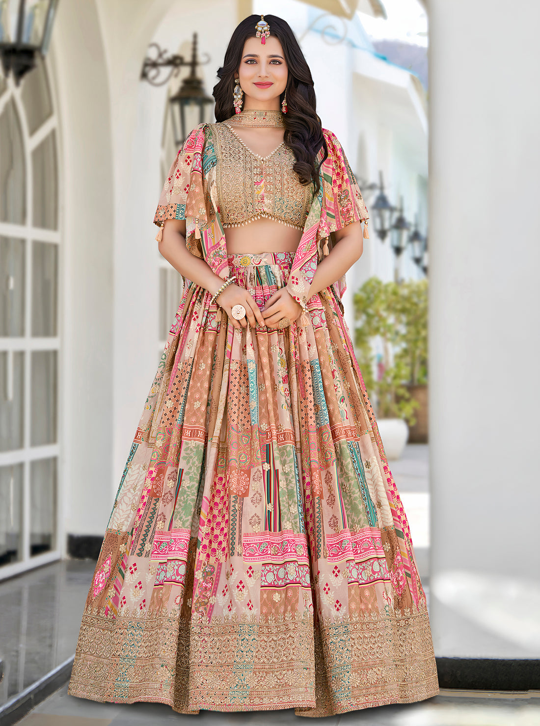 Beige Multicolor Printed Lehenga Choli with Heavy Embroidered Border