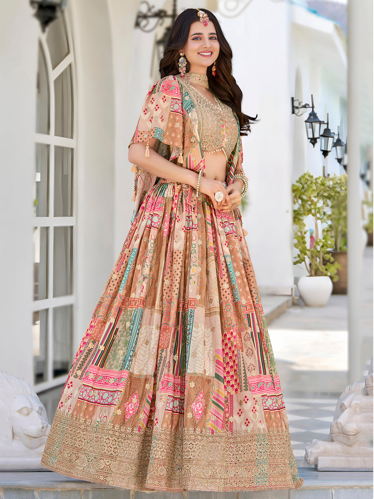Beige Multicolor Printed Lehenga Choli with Heavy Embroidered Border