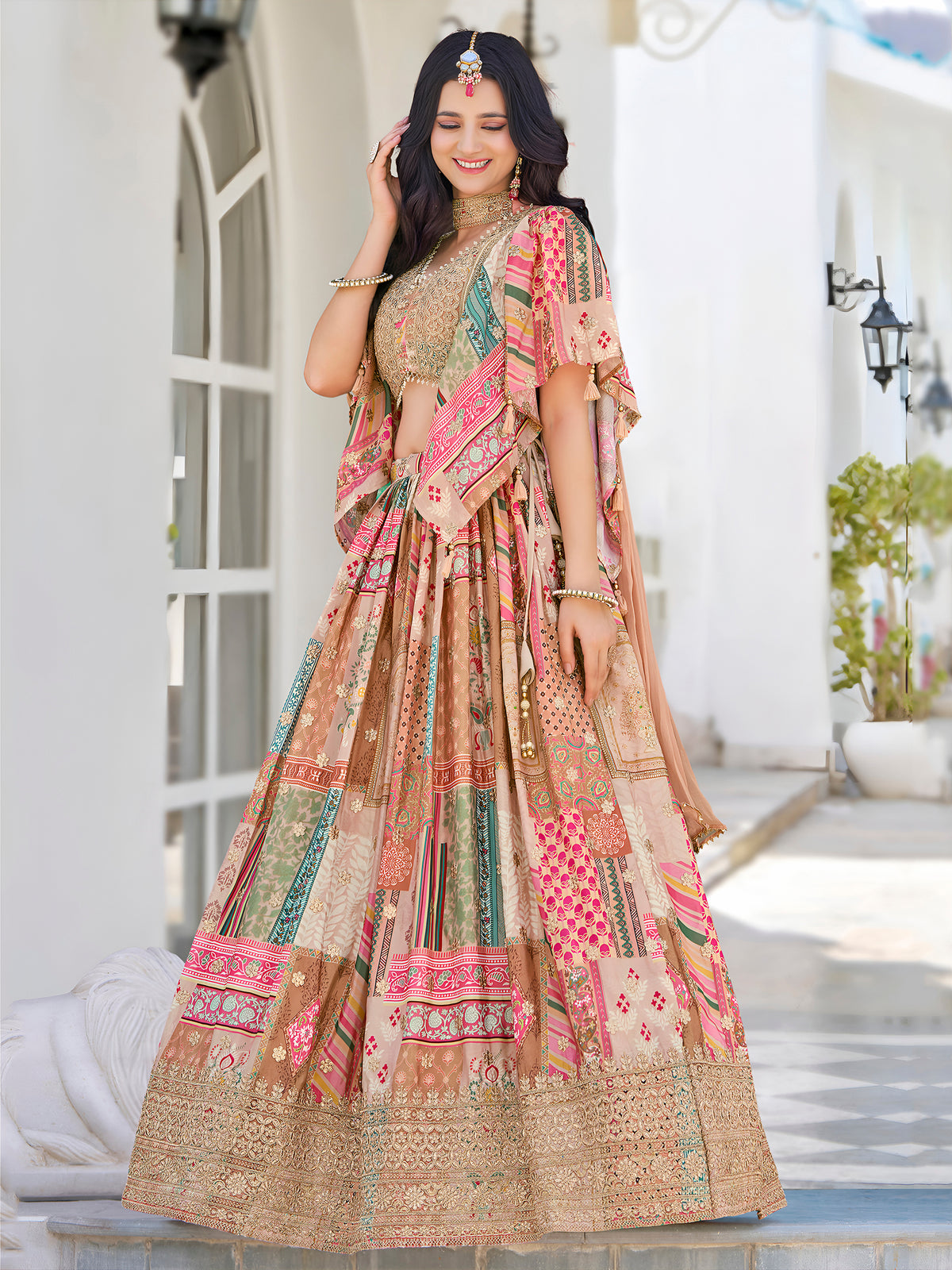 Beige Multicolor Printed Lehenga Choli with Heavy Embroidered Border