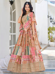 Beige Multicolor Printed Lehenga Choli with Heavy Embroidered Border