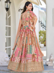 Beige Multicolor Printed Lehenga Choli with Heavy Embroidered Border