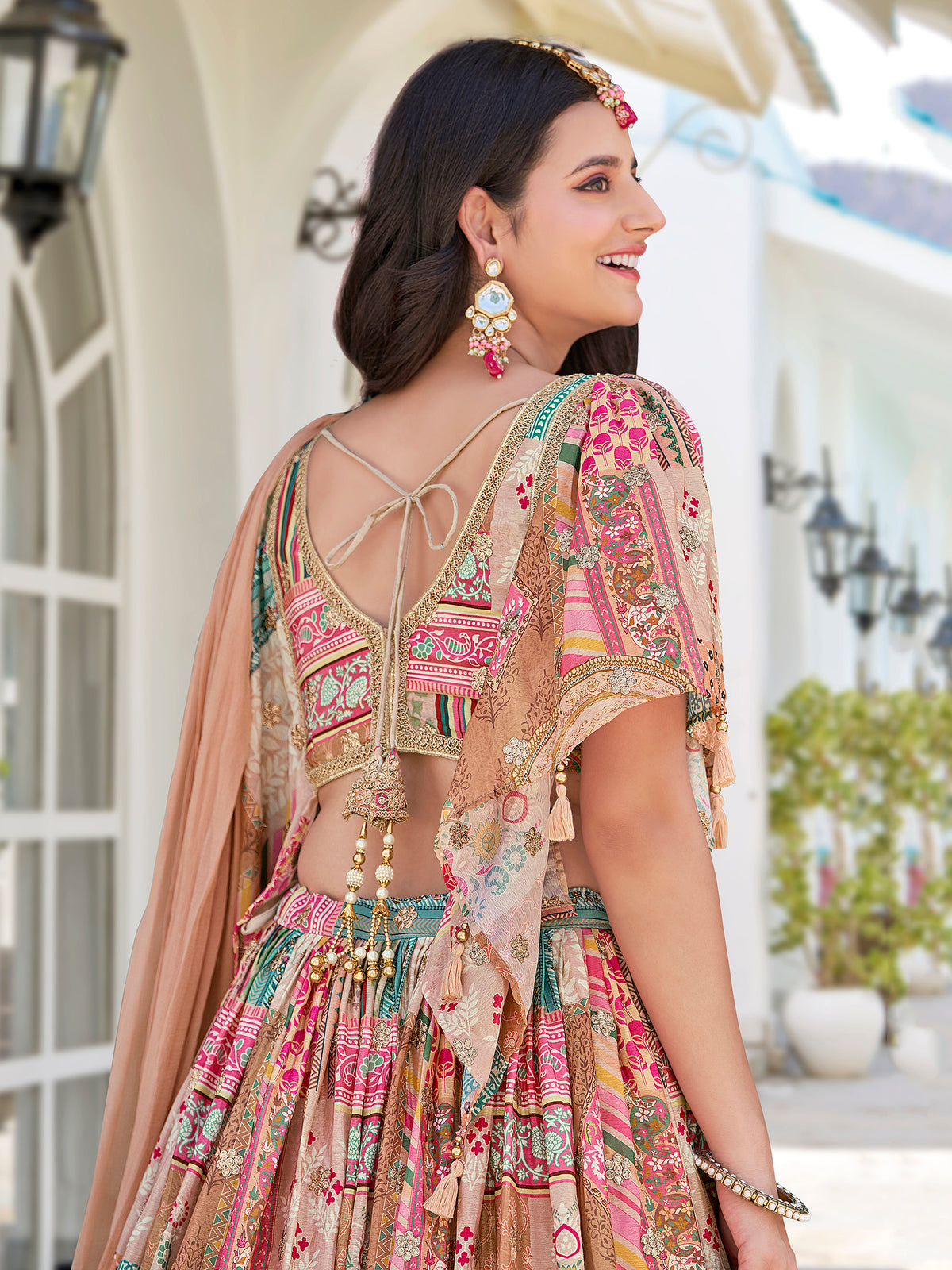 Beige Multicolor Printed Lehenga Choli with Heavy Embroidered Border