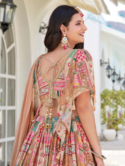 Beige Multicolor Printed Lehenga Choli with Heavy Embroidered Border
