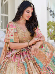 Beige Multicolor Printed Lehenga Choli with Heavy Embroidered Border