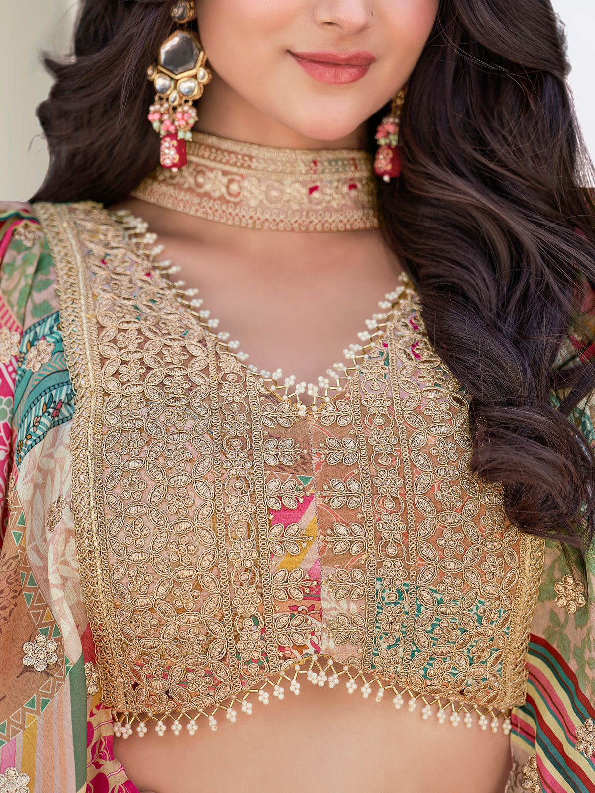 Beige Multicolor Printed Lehenga Choli with Heavy Embroidered Border