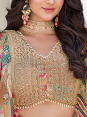 Beige Multicolor Printed Lehenga Choli with Heavy Embroidered Border