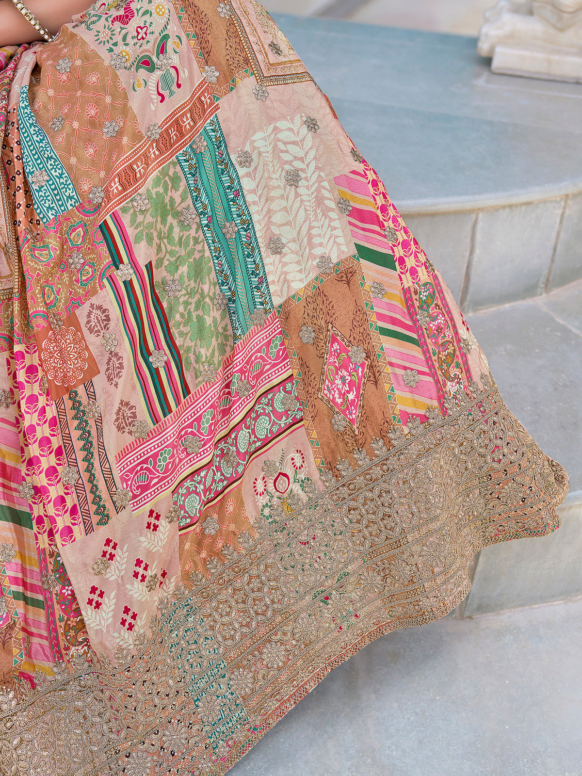 Beige Multicolor Printed Lehenga Choli with Heavy Embroidered Border
