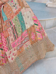 Beige Multicolor Printed Lehenga Choli with Heavy Embroidered Border