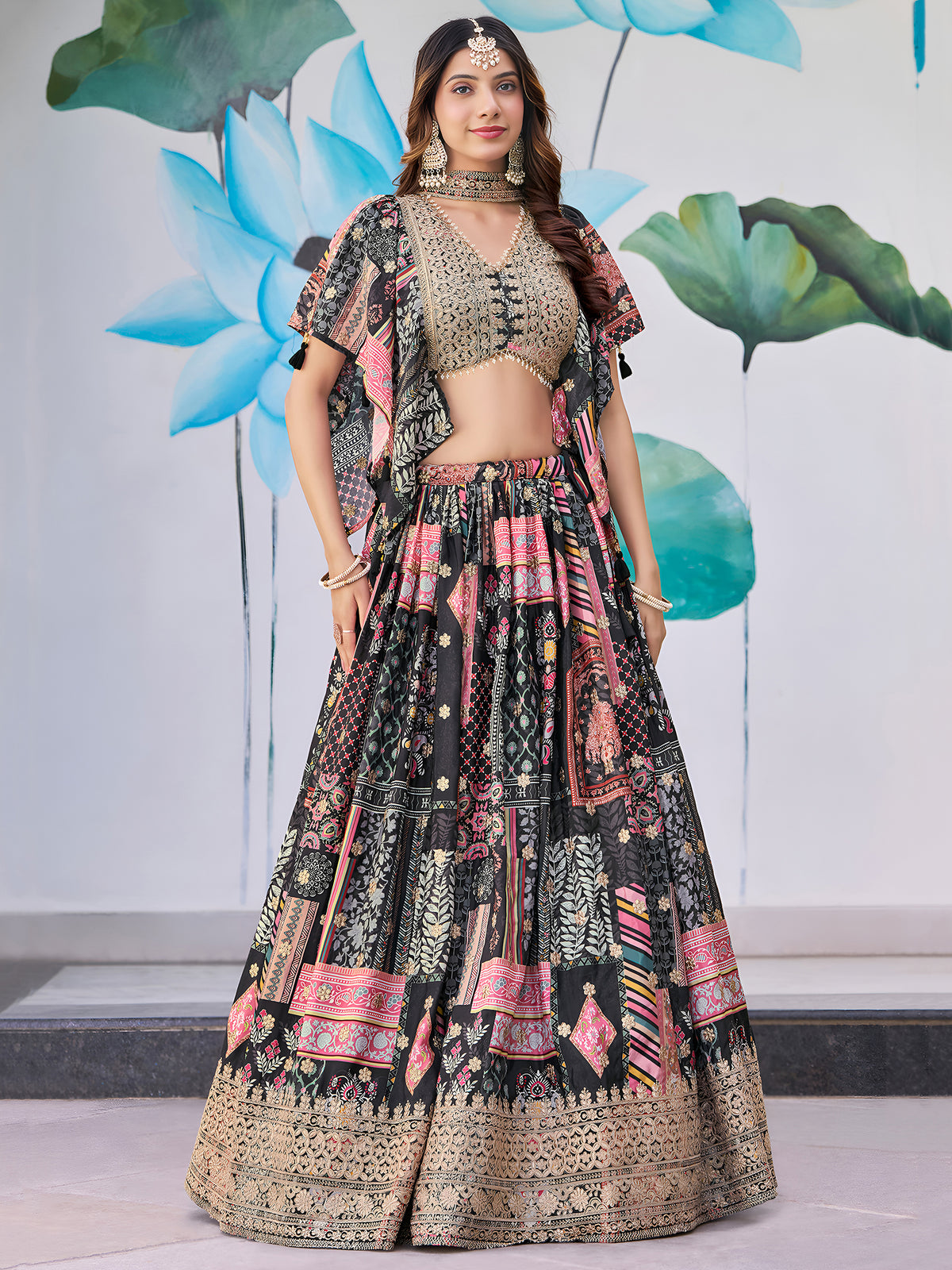 Black Multicolor Printed Lehenga Choli with Heavy Embroidered Border