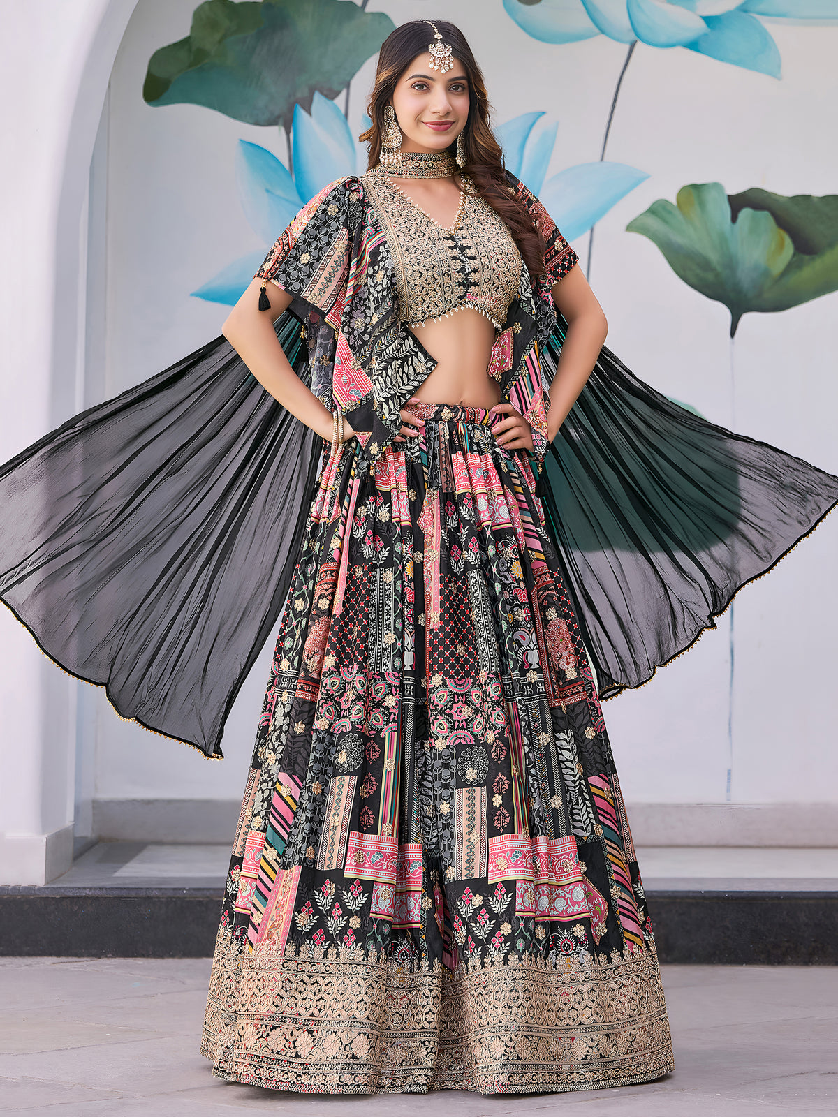 Black Multicolor Printed Lehenga Choli with Heavy Embroidered Border