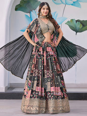 Black Multicolor Printed Lehenga Choli with Heavy Embroidered Border