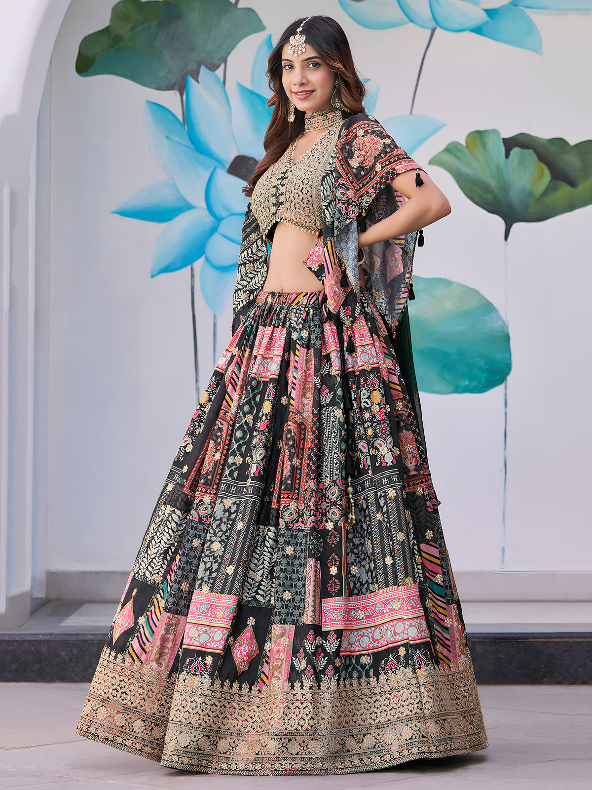 Black Multicolor Printed Lehenga Choli with Heavy Embroidered Border