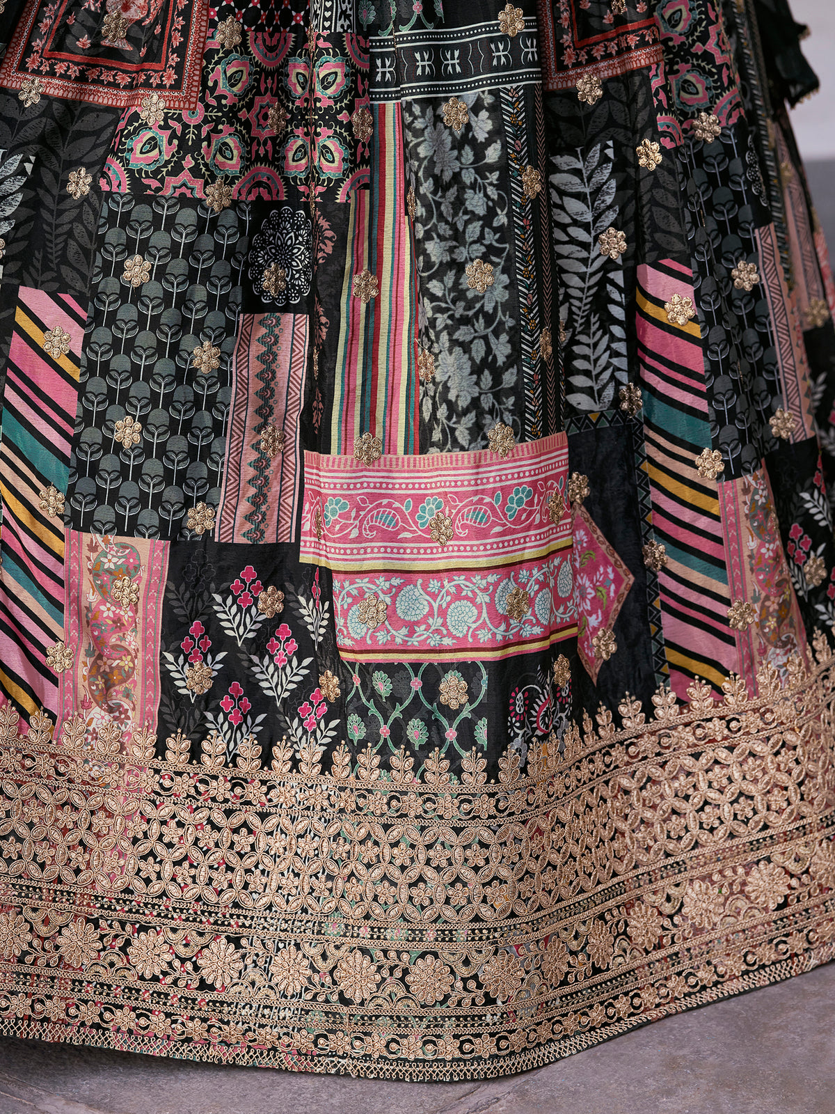 Black Multicolor Printed Lehenga Choli with Heavy Embroidered Border