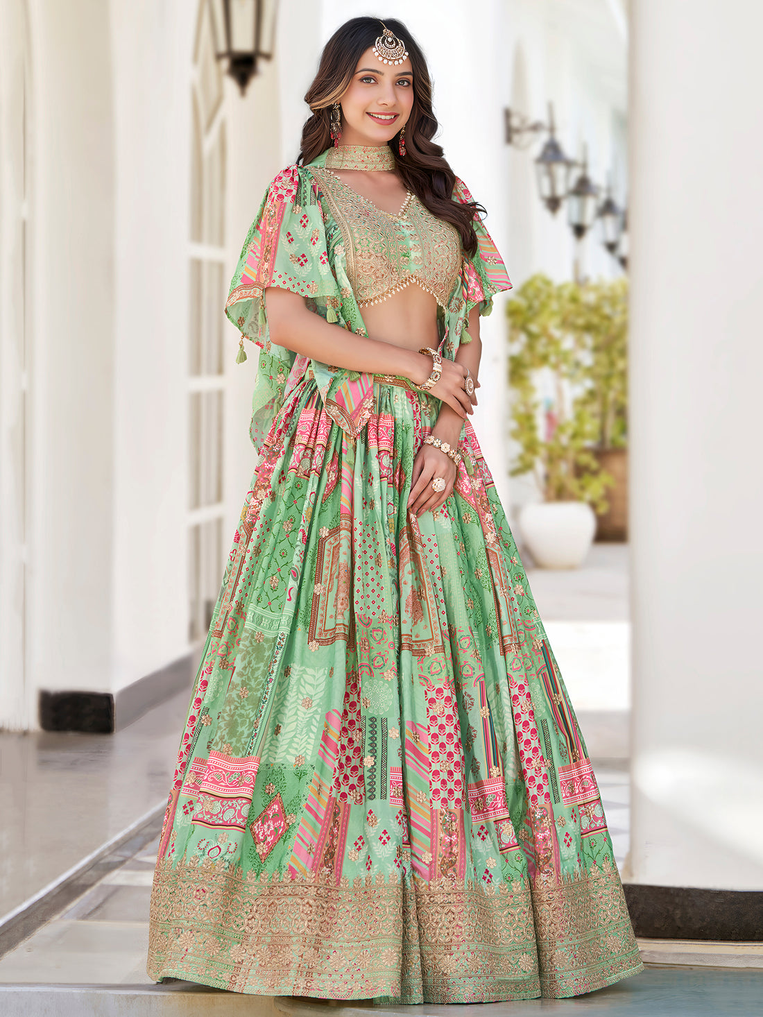 Mint Green Multicolor Printed Lehenga Choli with Heavy Embroidered Border