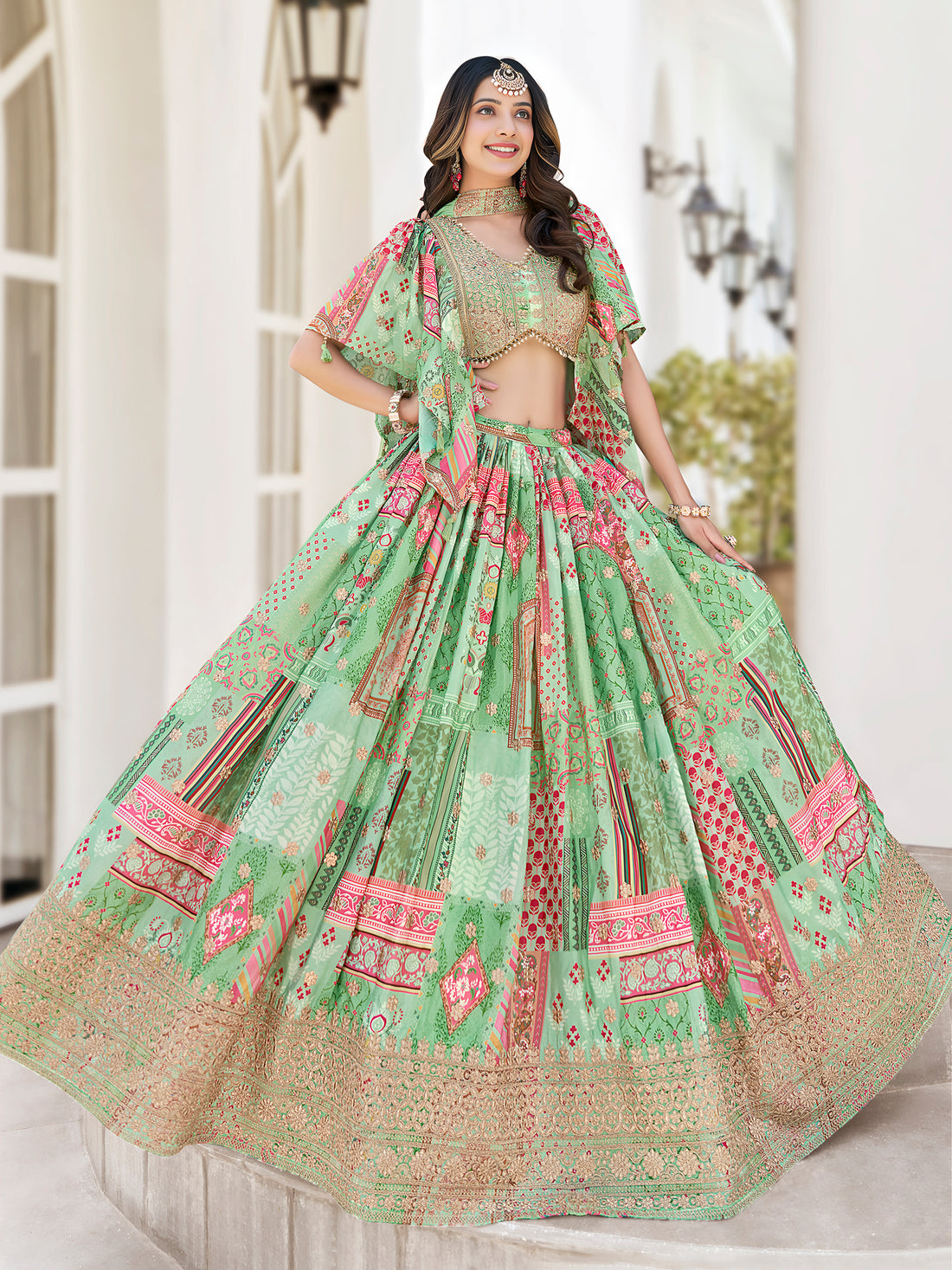Mint Green Multicolor Printed Lehenga Choli with Heavy Embroidered Border