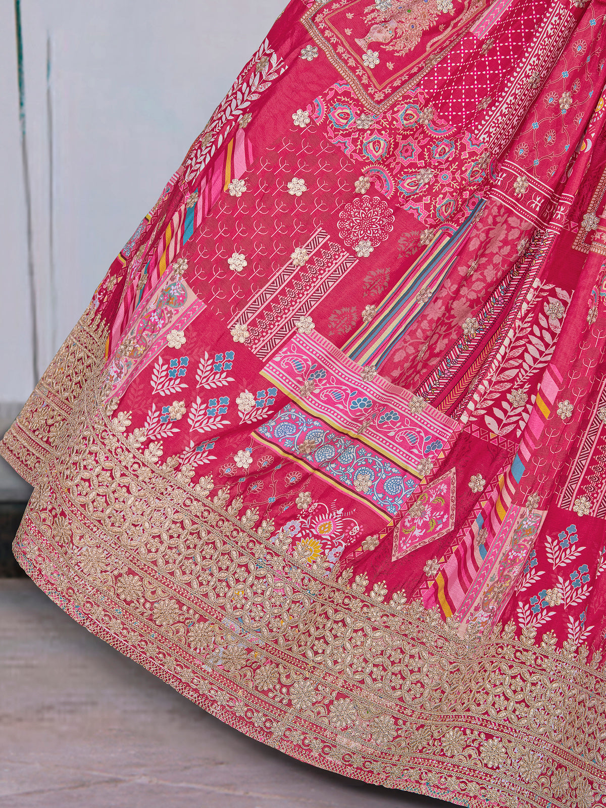 Pink Multicolor Printed Lehenga Choli with Designer Blouse & Dupatta