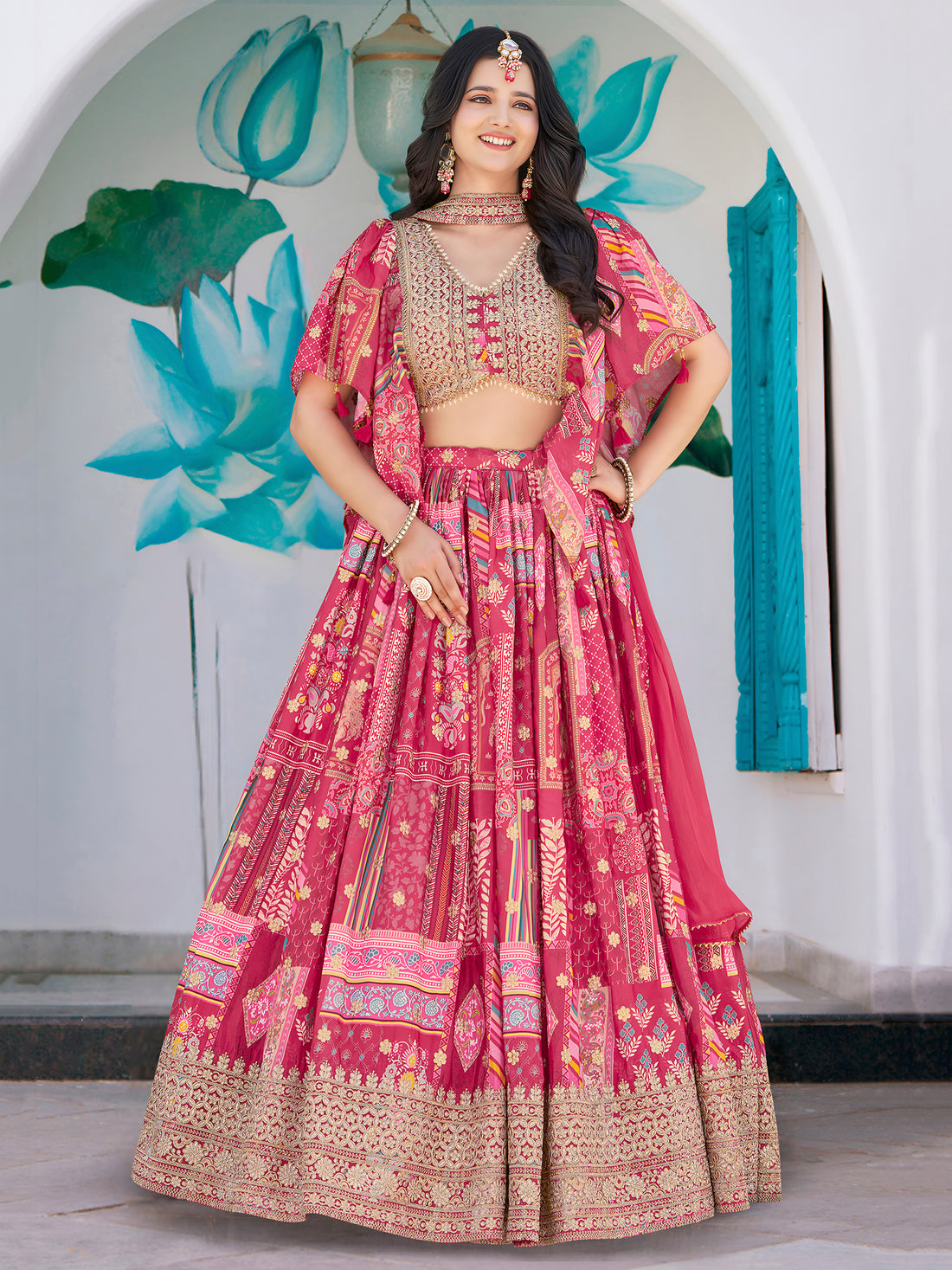 Pink Multicolor Printed Lehenga Choli with Designer Blouse & Dupatta