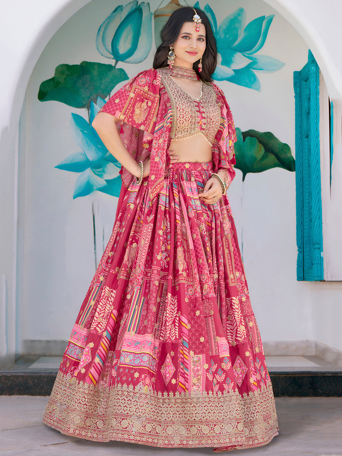 Pink Multicolor Printed Lehenga Choli with Designer Blouse & Dupatta