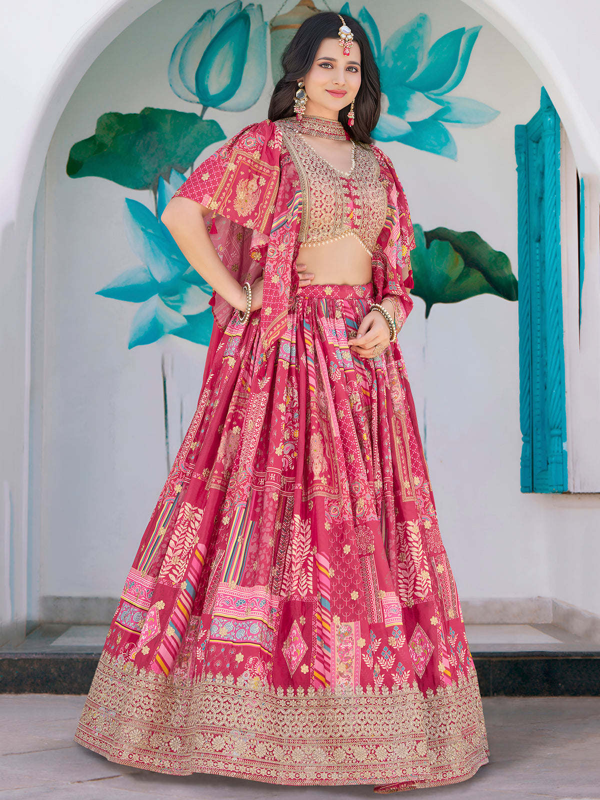 Pink Multicolor Printed Lehenga Choli with Designer Blouse & Dupatta
