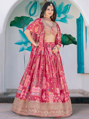 Pink Multicolor Printed Lehenga Choli with Designer Blouse & Dupatta