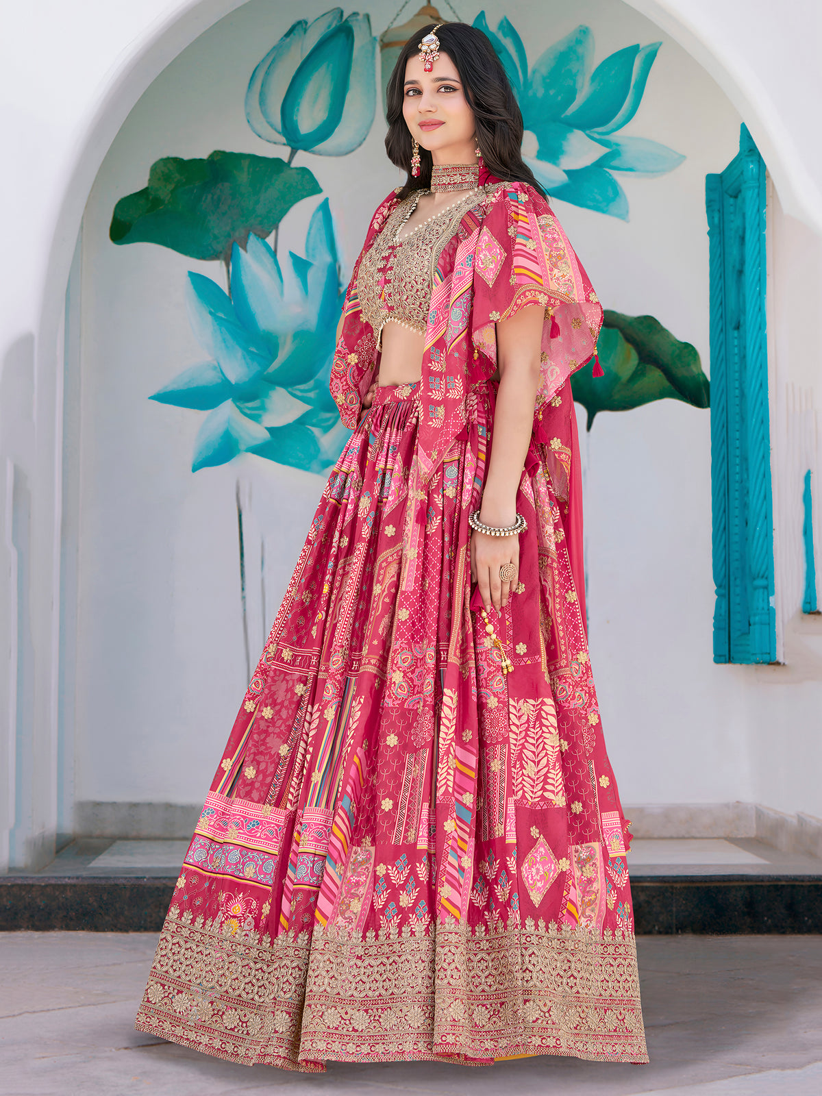 Pink Multicolor Printed Lehenga Choli with Designer Blouse & Dupatta