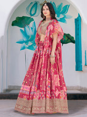 Pink Multicolor Printed Lehenga Choli with Designer Blouse & Dupatta
