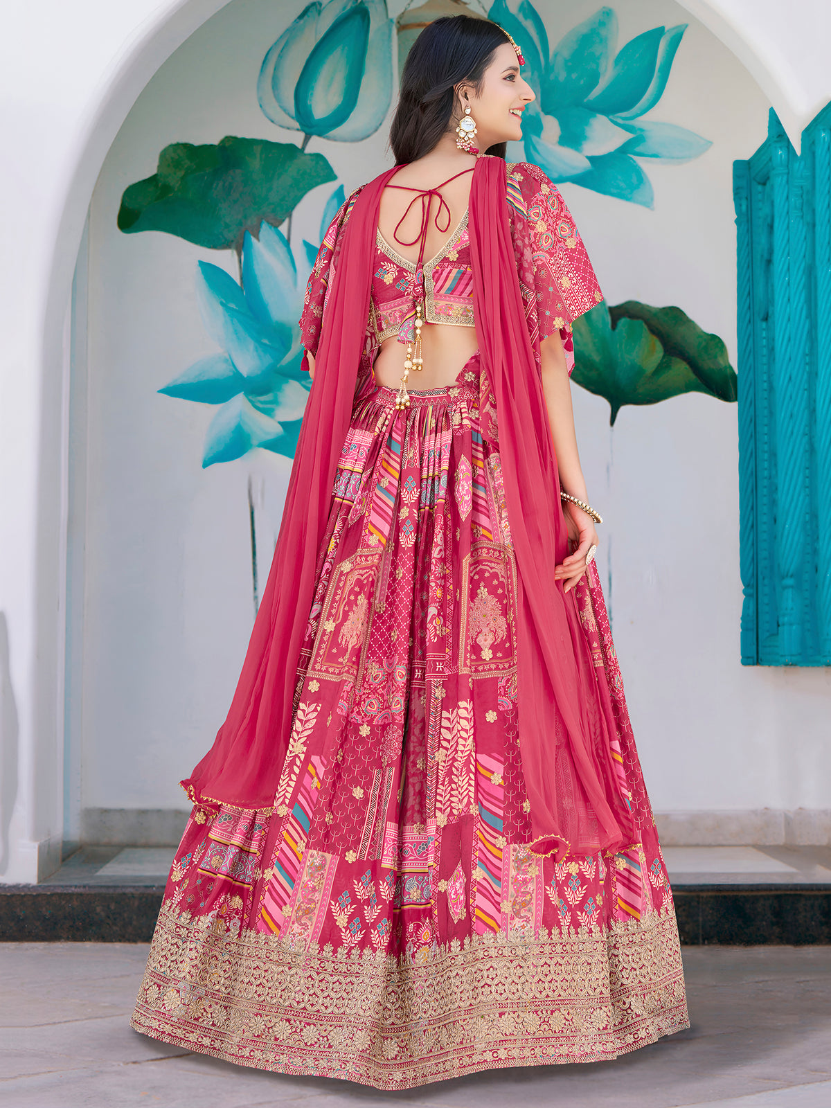 Pink Multicolor Printed Lehenga Choli with Designer Blouse & Dupatta