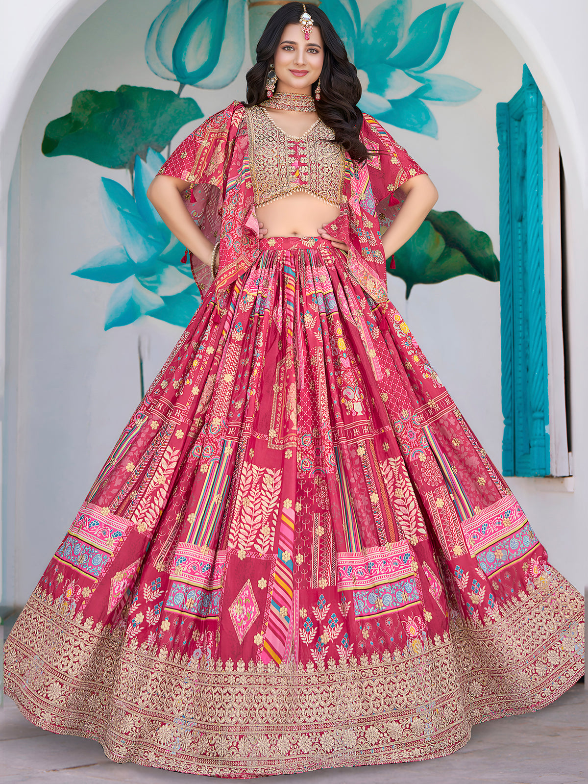 Pink Multicolor Printed Lehenga Choli with Designer Blouse & Dupatta
