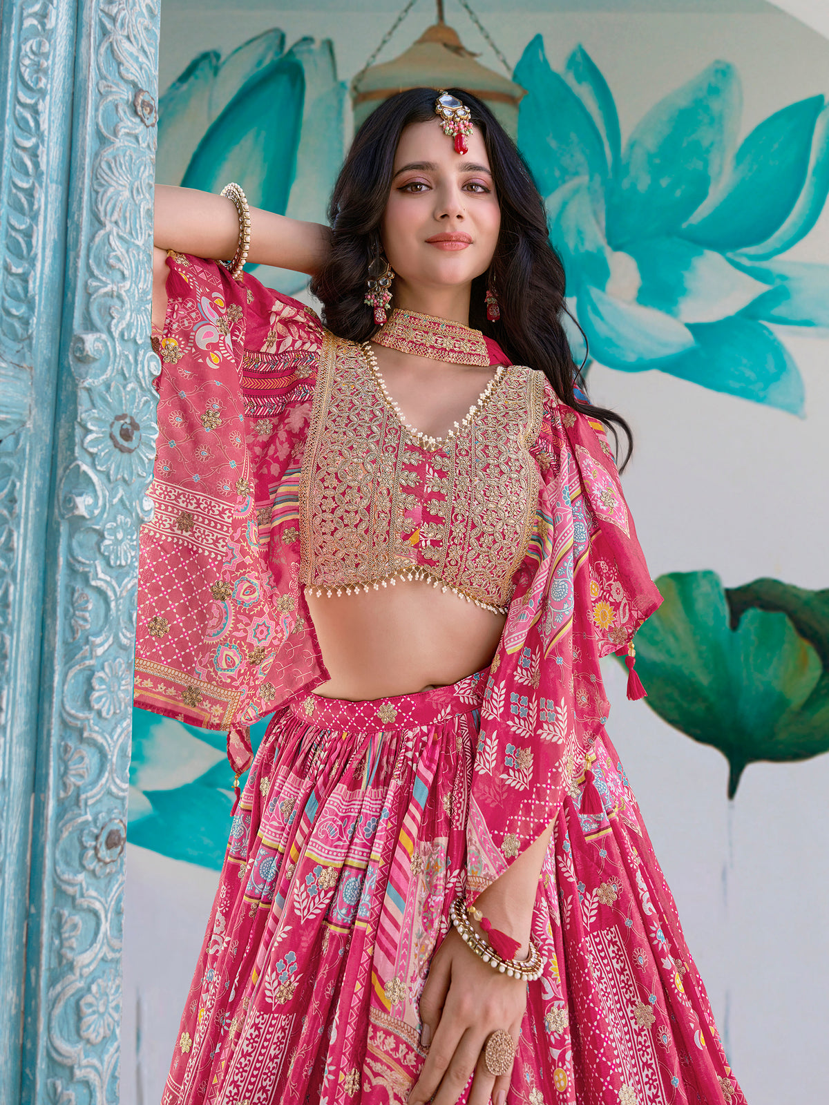Pink Multicolor Printed Lehenga Choli with Designer Blouse & Dupatta