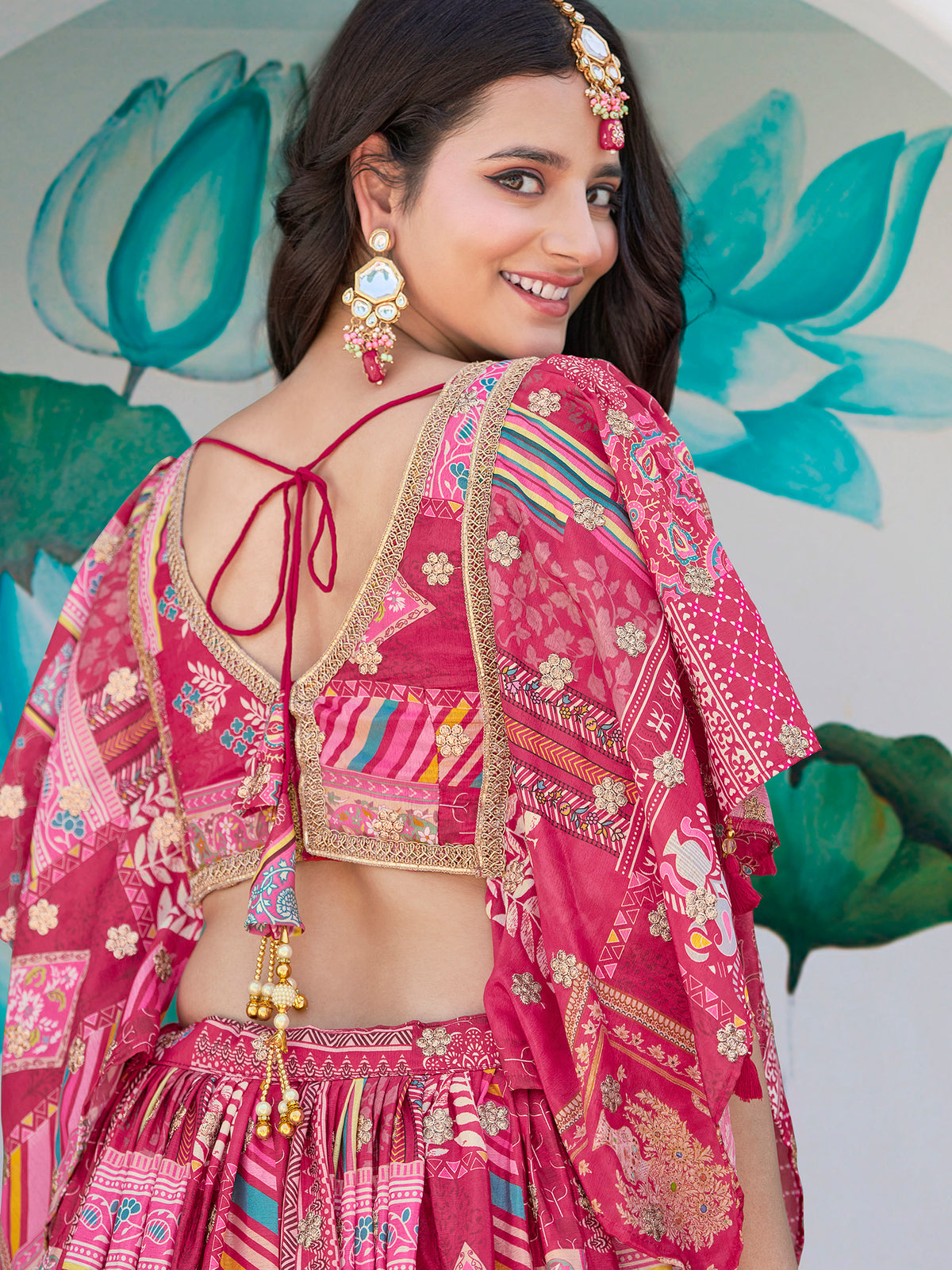 Pink Multicolor Printed Lehenga Choli with Designer Blouse & Dupatta
