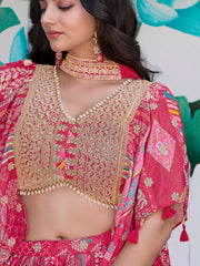 Pink Multicolor Printed Lehenga Choli with Designer Blouse & Dupatta