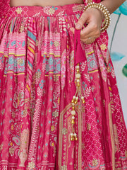 Pink Multicolor Printed Lehenga Choli with Designer Blouse & Dupatta