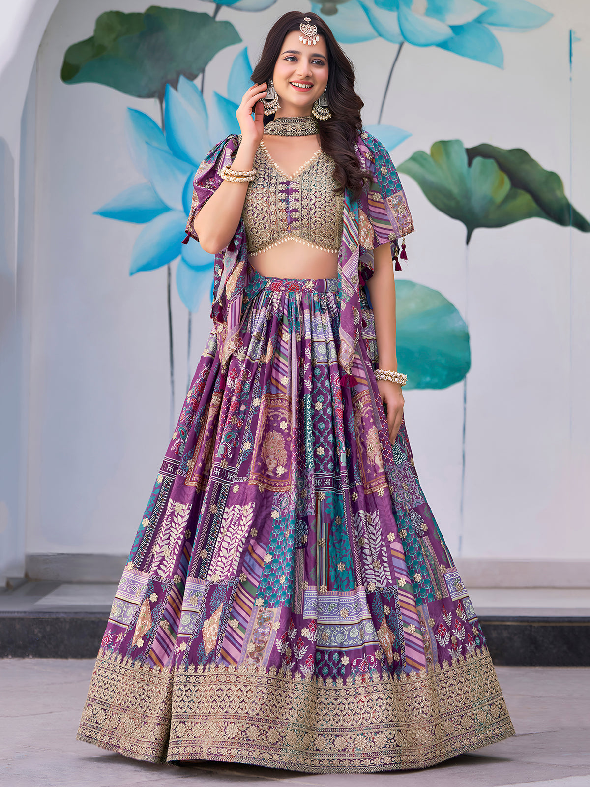 Purple Multicolor Printed Lehenga Choli with Designer Blouse & Dupatta