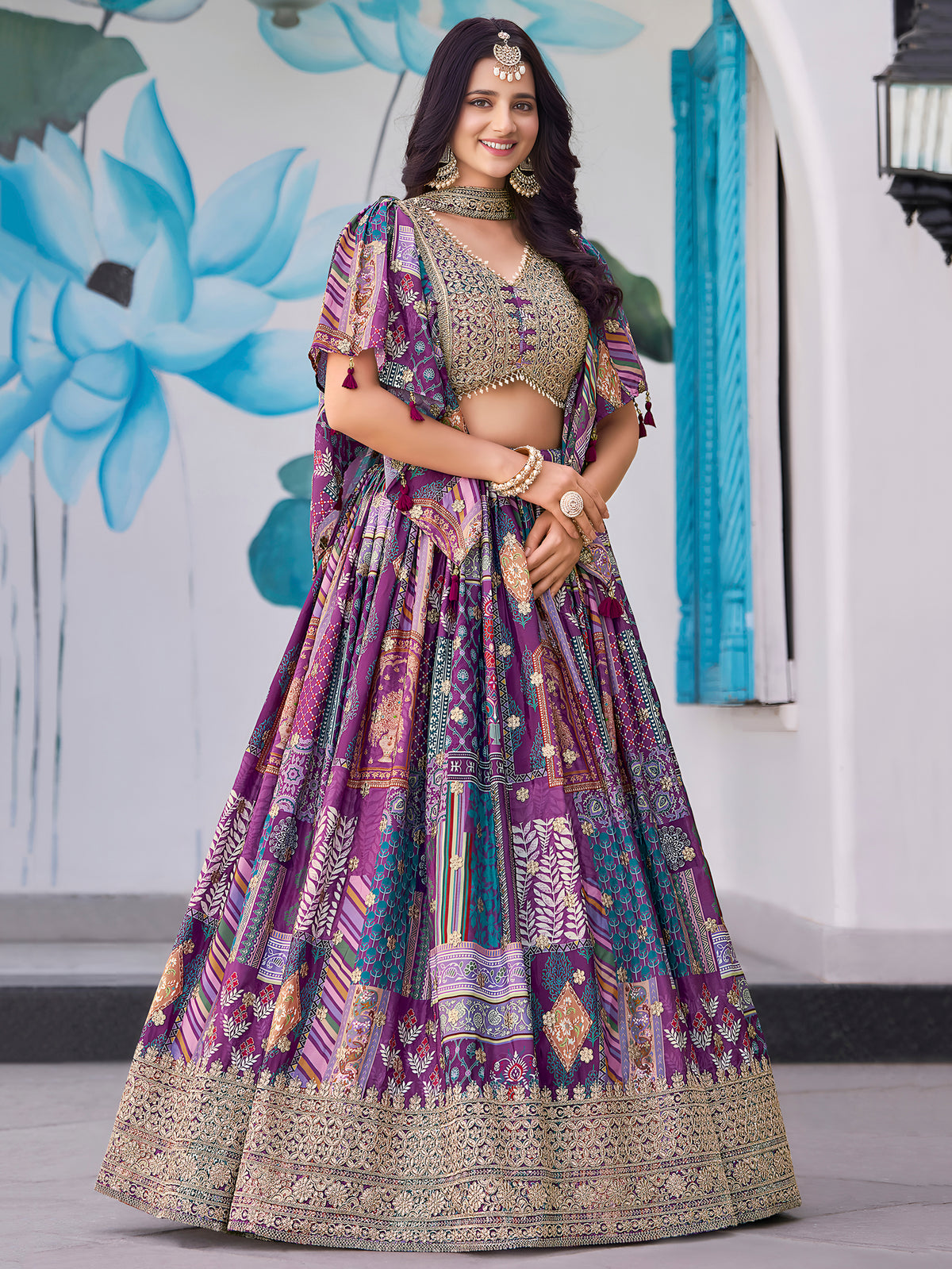 Purple Multicolor Printed Lehenga Choli with Designer Blouse & Dupatta