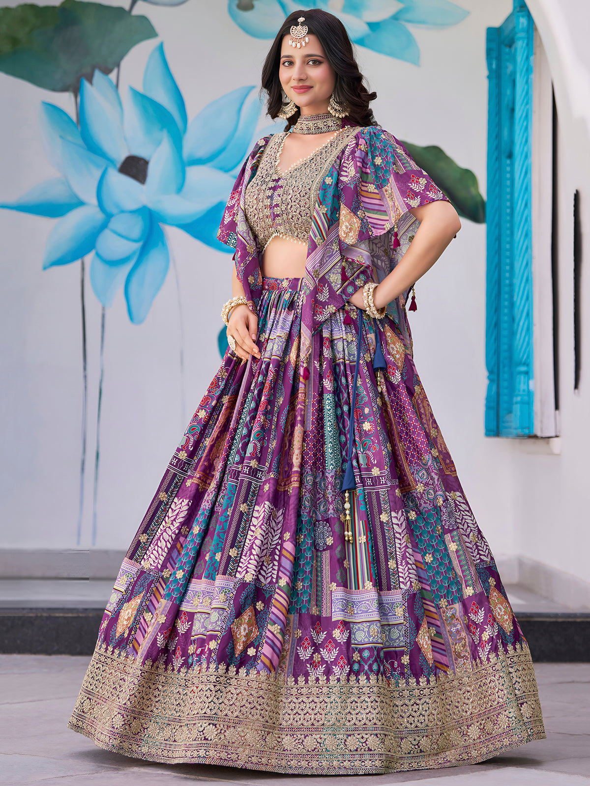 Purple Multicolor Printed Lehenga Choli with Designer Blouse & Dupatta