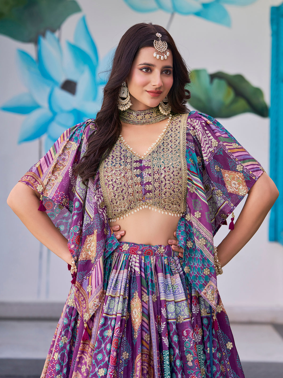 Purple Multicolor Printed Lehenga Choli with Designer Blouse & Dupatta