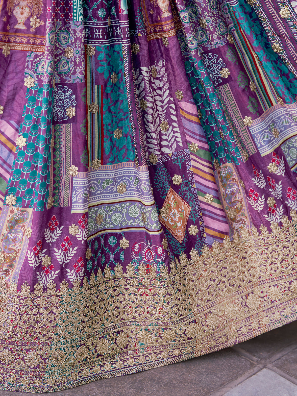 Purple Multicolor Printed Lehenga Choli with Designer Blouse & Dupatta