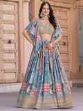 Sky Blue Multicolor Printed Lehenga Choli with Designer Blouse & Dupatta