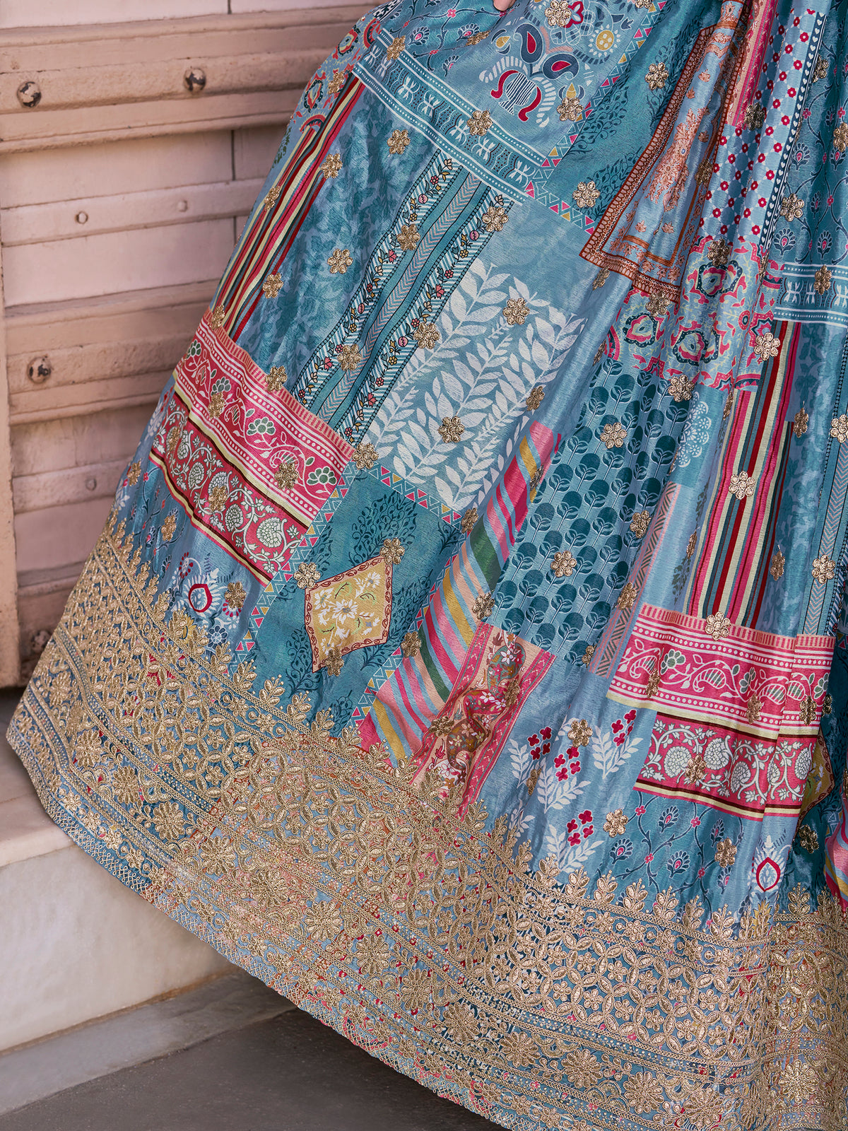 Sky Blue Multicolor Printed Lehenga Choli with Designer Blouse & Dupatta