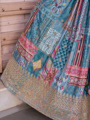Sky Blue Multicolor Printed Lehenga Choli with Designer Blouse & Dupatta