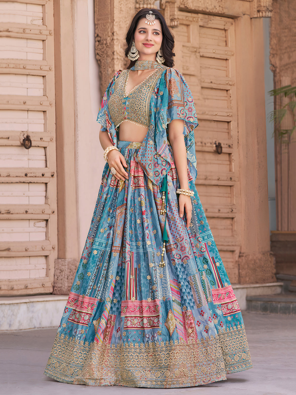 Sky Blue Multicolor Printed Lehenga Choli with Designer Blouse & Dupatta