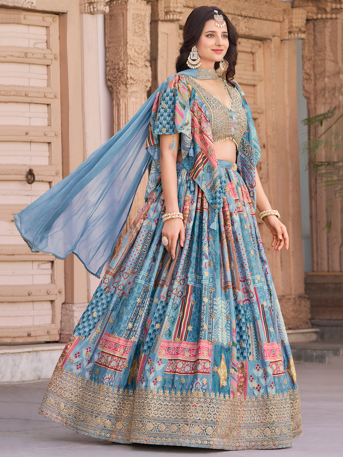 Sky Blue Multicolor Printed Lehenga Choli with Designer Blouse & Dupatta