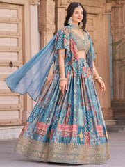 Sky Blue Multicolor Printed Lehenga Choli with Designer Blouse & Dupatta